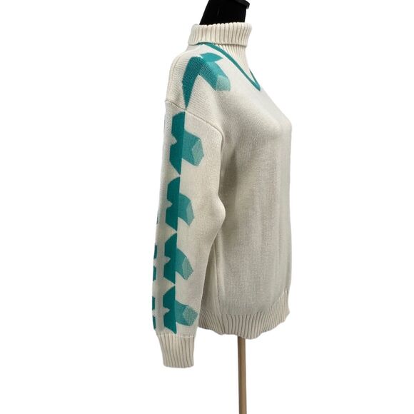 Vintage Meister Wool Blend White Turtleneck Sweater Aqua Geometric Pattern Lg - Picture 5 of 11